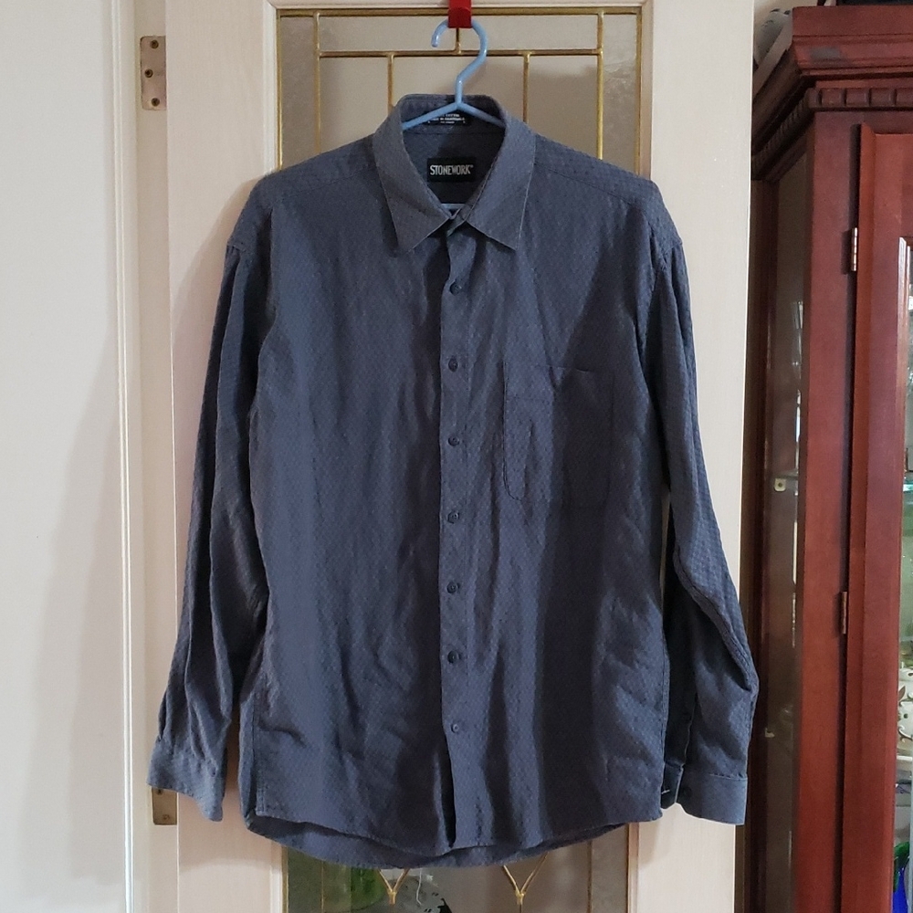 Stone Work Vintage Gray Button Down Dress Shirt Cotton Men's Large